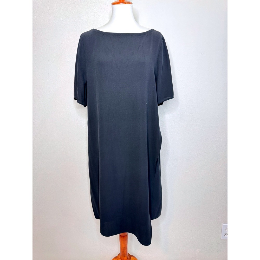 EILEEN FISHER 100% Silk Shift Dress SS Large Black Faux Wrap Quiet Luxury